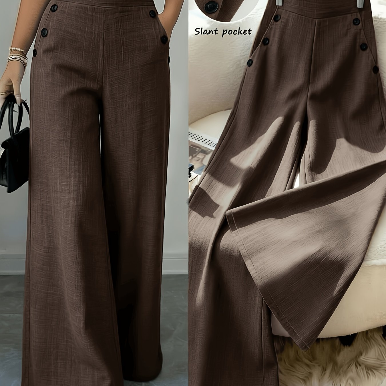 TEMU Women's Elegant Fashion Easy Casual Solid Color Trousers, High-waist Straight Loose Casual Women's Pants, Button-decorated Wide-leg Trousers,