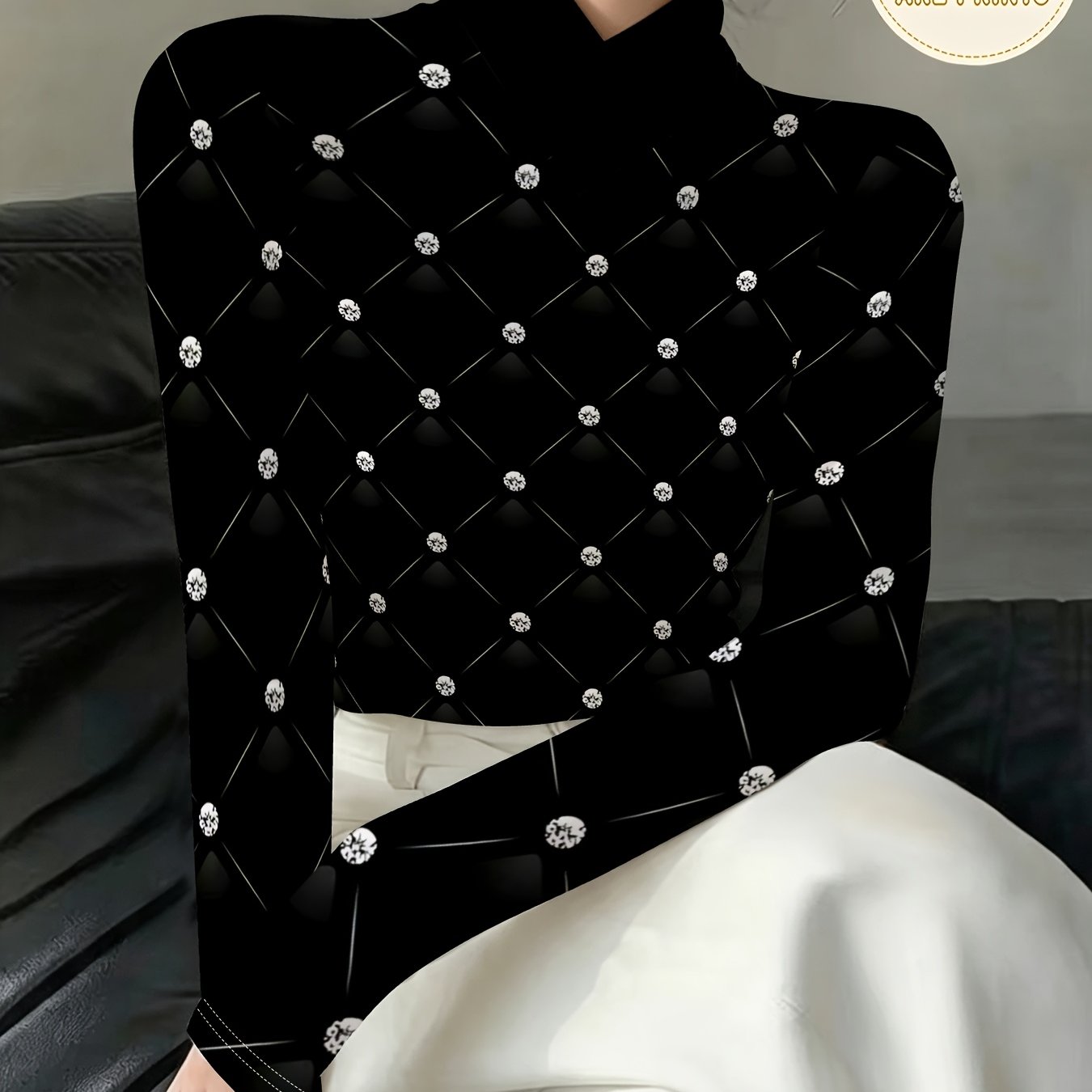 TEMU Women's Fall Winter Base Layer V-neck Cross Stand Collar Long Sleeve Top Black Diamond Light Luxury Faux Print Thin Inner T-shirt Casual