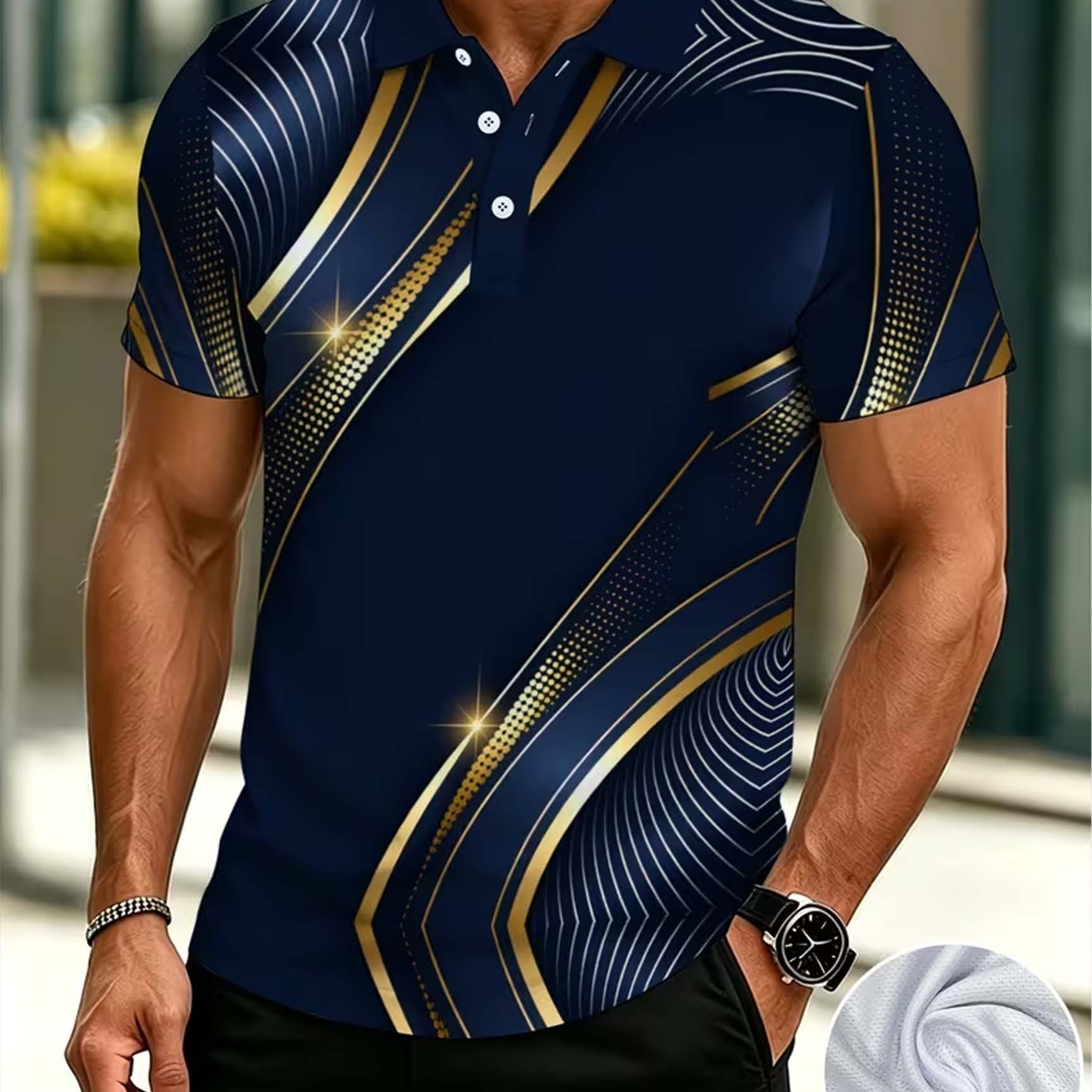 TEMU A Plus-size Men's Short-sleeve Shirt With A Button- Collar, Blue Geometric , Casual Lapel Short-sleeve Top, Regular Fit, Printed Polyester And
