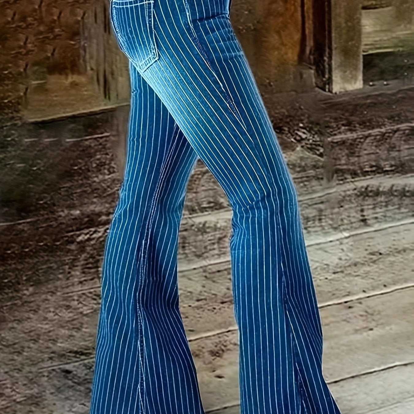 TEMU Striped Print Hem Leg Jeans, Stretch Retro Y2k Style Pants, Women's Jeans & Clothing