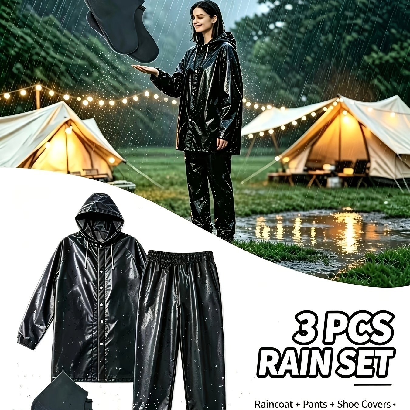 TEMU 3pcs Rainwear Set, Includes 1pc Jacket And 1pc Rain Pants, With 1 Pair Reusable Shoe Covers. Suitable For Travel, Camping, Daily And Outdoor.