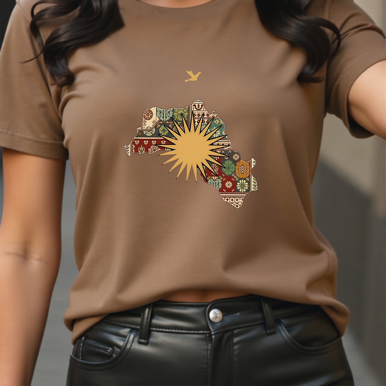 TEMU Vintage Ethnic Pattern Printed Round Neck Casual Top - Women's Y2k Style Short Sleeve T-shirt, Comfortable For , Machine Washable, Made From
