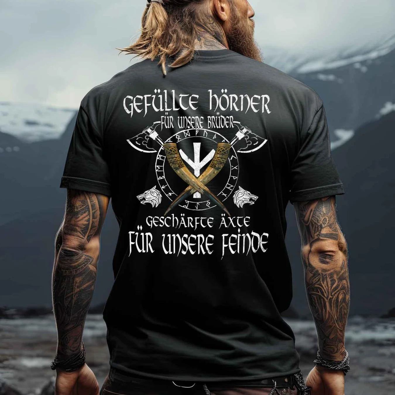 E-shop Viking T-Shirt | Nordische Wikingerbekleidung mit Stoffhörnern und Äxten, Rundhalsausschnitt, leicht dehnbarer Stoff, Passform, Casual-Stil,