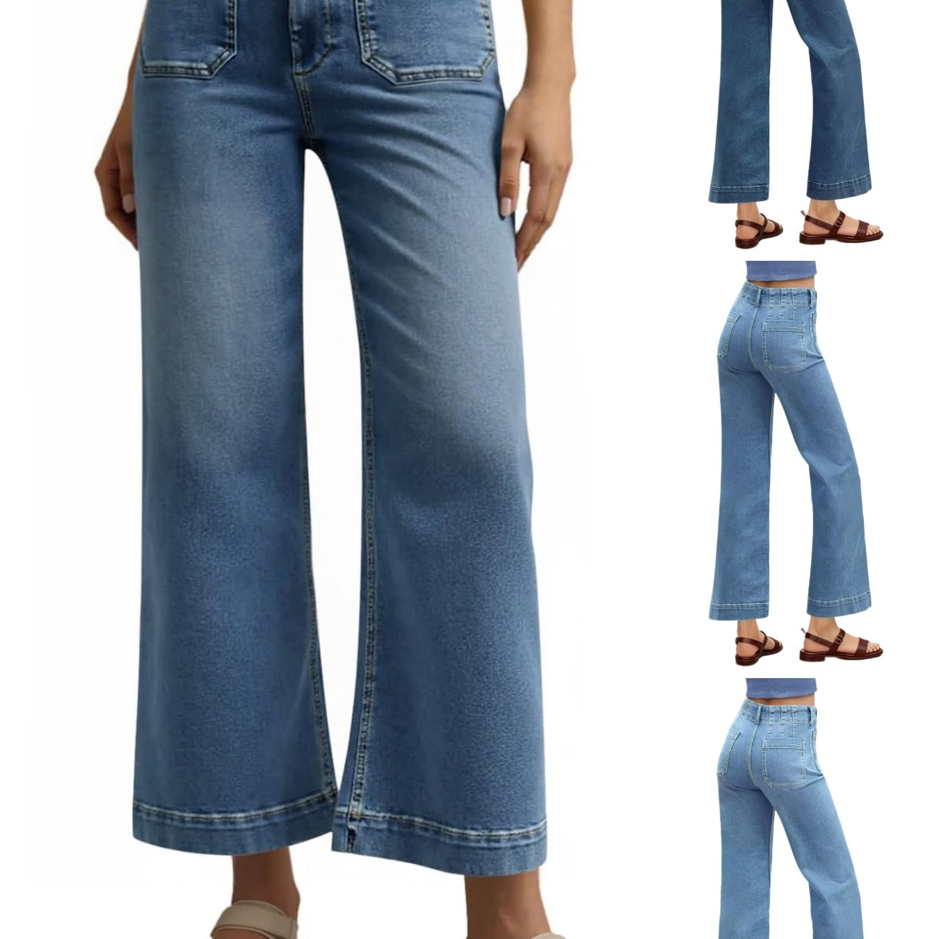 Trendy Wide-leg Jeans For Women, Featuring A High Waist, Stretchy Flare Design, Cropped Length, , And Patch Pockets For And Summer