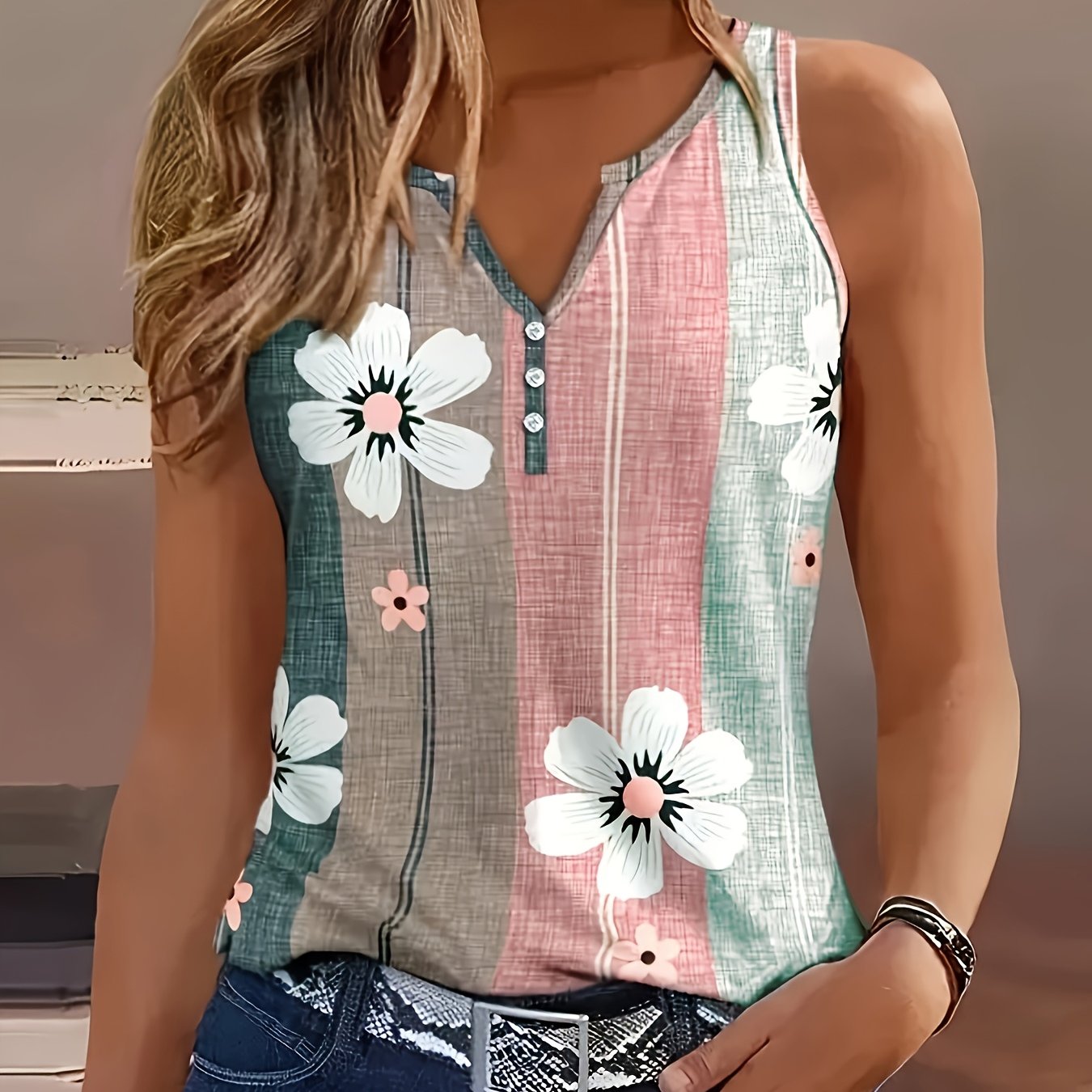 TEMU Women's Summer Floral Print V-neck Button-front Sleeveless Top - Elegant Notched Collar Design, Breathable Fitted Casual Shirt For Hot Weather,