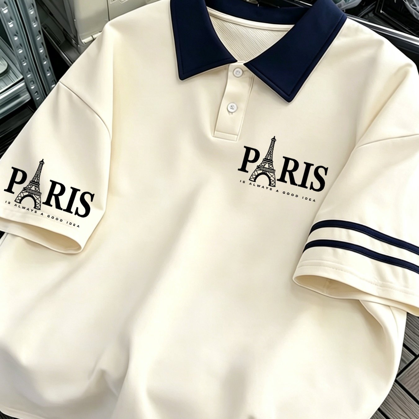 TEMU Men's Loose Fit Vacation T-shirt With Text Print And Striped Contrast Collar