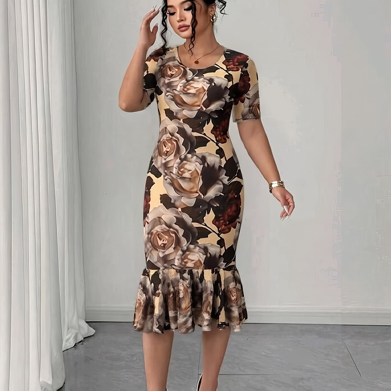 E-shop Plus Size Damen Vintage Blumenmuster Rüschenkleid – Stretch-Polyester Midi-Kleid mit Rundhalsausschnitt, H-Silhouette & Leichtgewicht 180g/m²