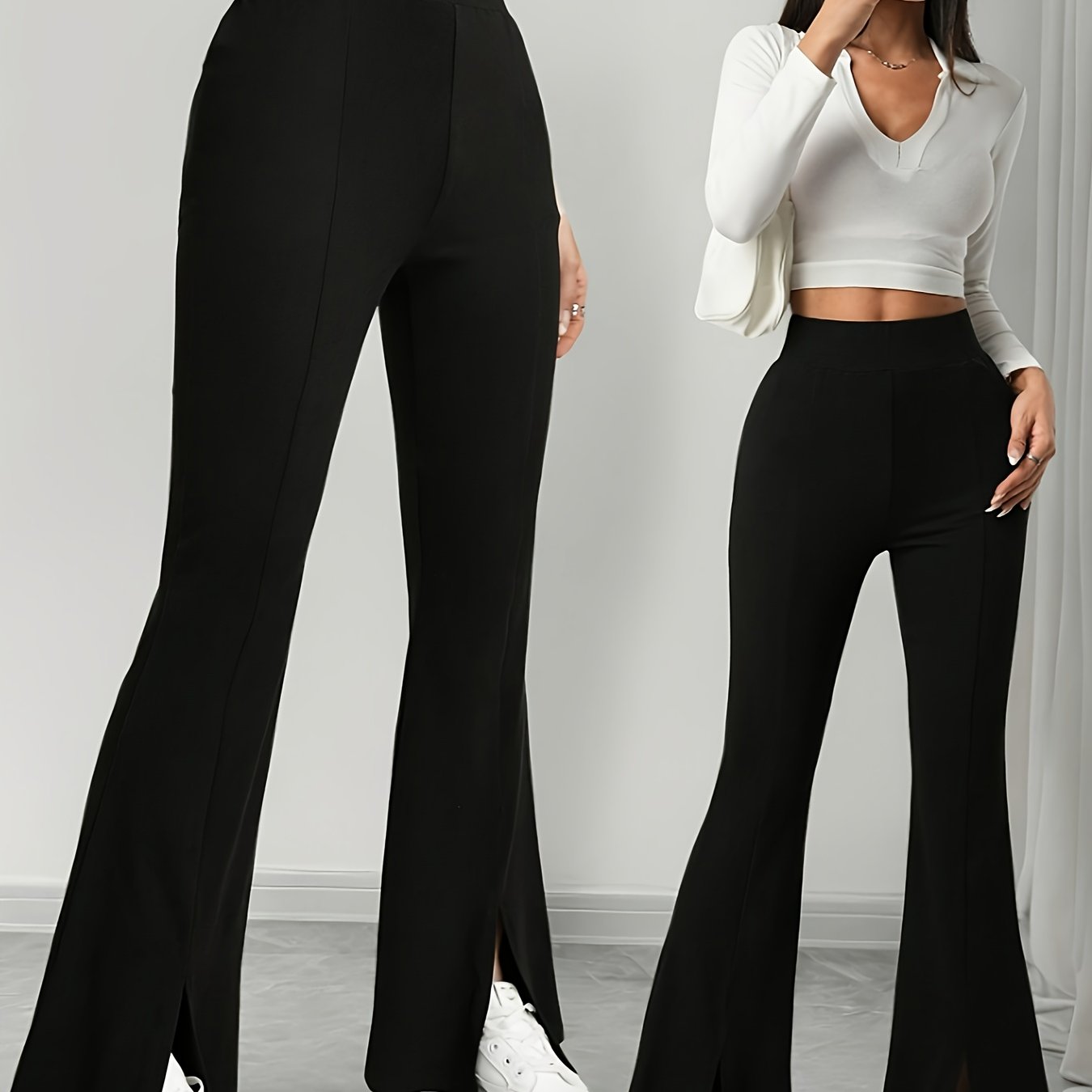 Image of Casual Flared Pants With Side Slits, Versatile Chic College-style Trousers, 95% Polyester 5% Spandex Fabric, Casual Flared Pants, Adult Style