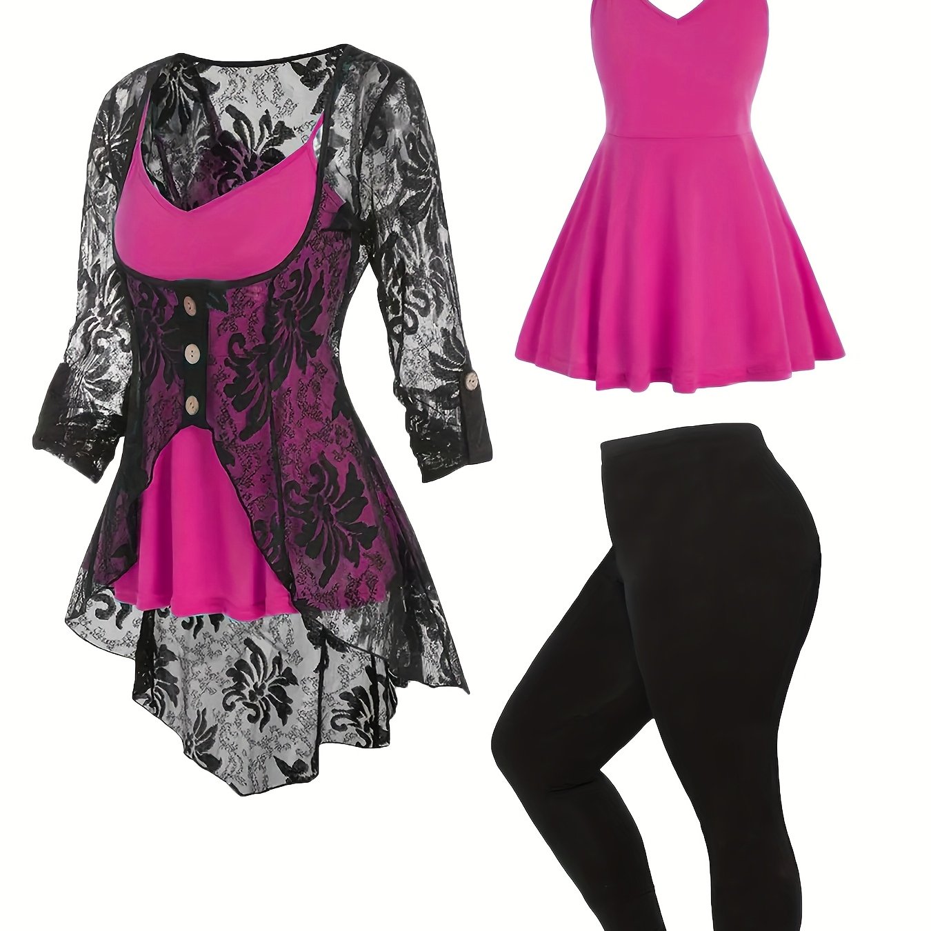 Plus Size - Elegant Button Lace Embroidered Outerwear And Solid Color Camisole And Pants 3pcs Set, Plus Size Women's Spring Suit