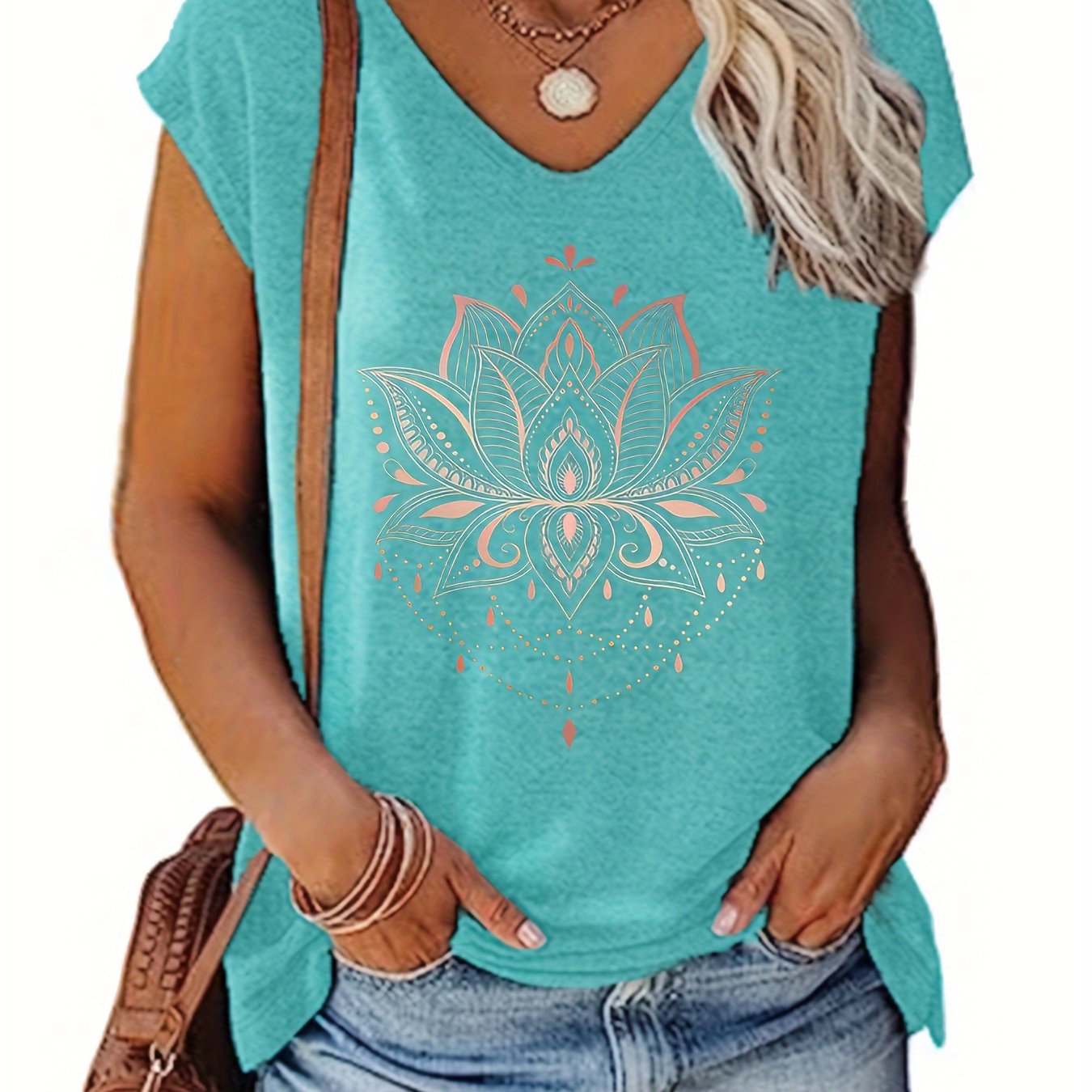 Plus Size - [ramadan] Plus Size V-neck Vest Gradient Lotus Print Pattern