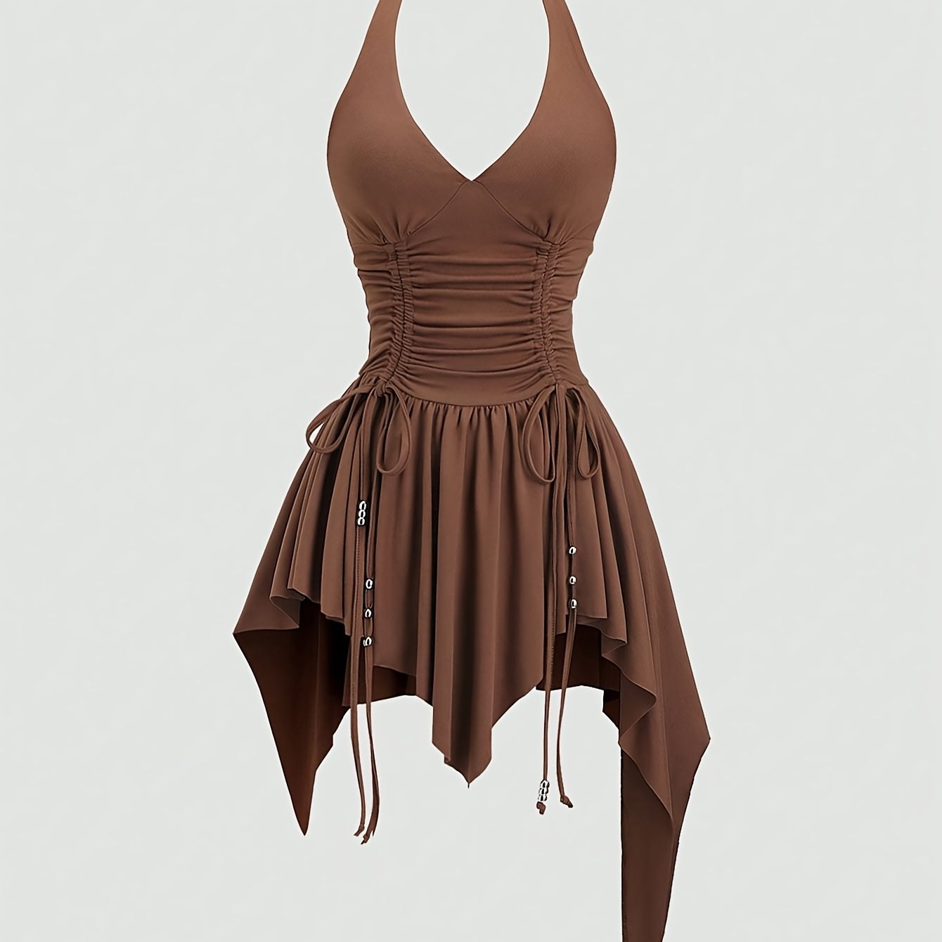 E-shop 2026 Neues Damen Kleid mit tiefem V-Ausschnitt, Halterneck, Rückenfreies Design, Bindeband, Rüschen, Asymmetrisch