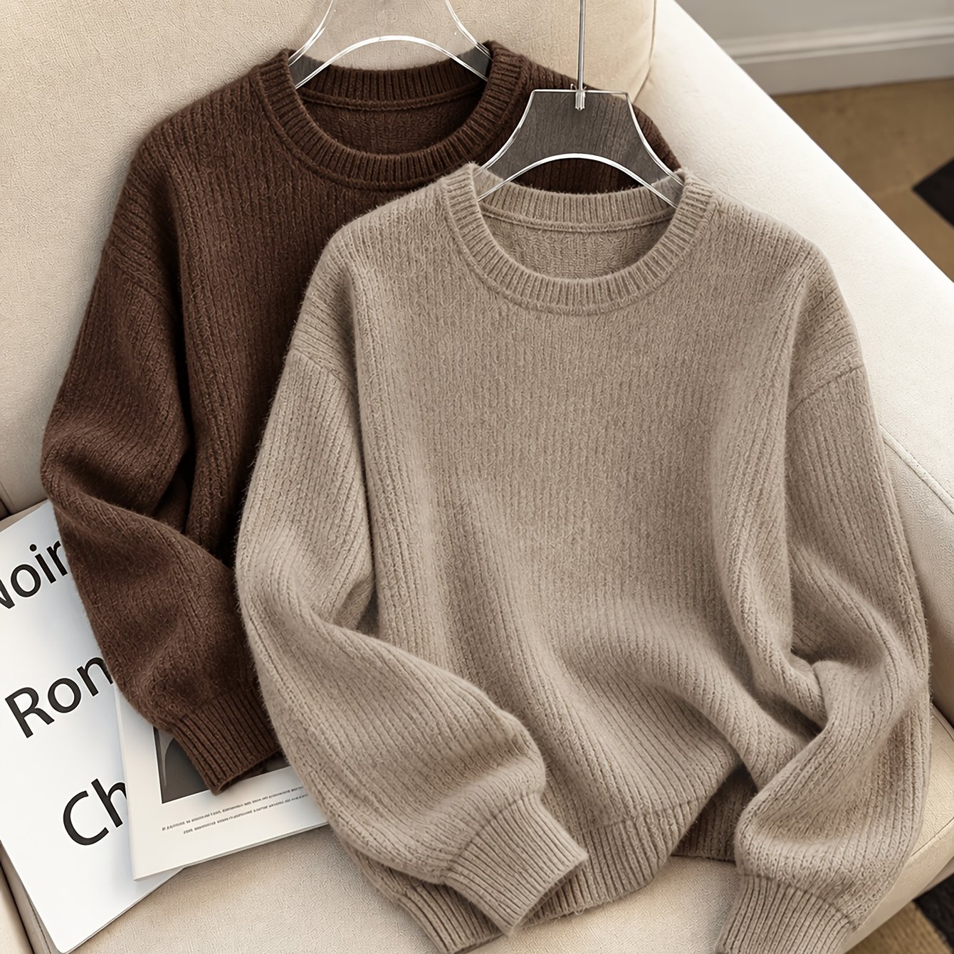 TEMU 2pcs Women's Soft Sweater Solid Color Oversized Loose Fit Crewneck Pullover - Thick Warm Long Sleeve Sweaters Suitable For Fall Winter Layering,