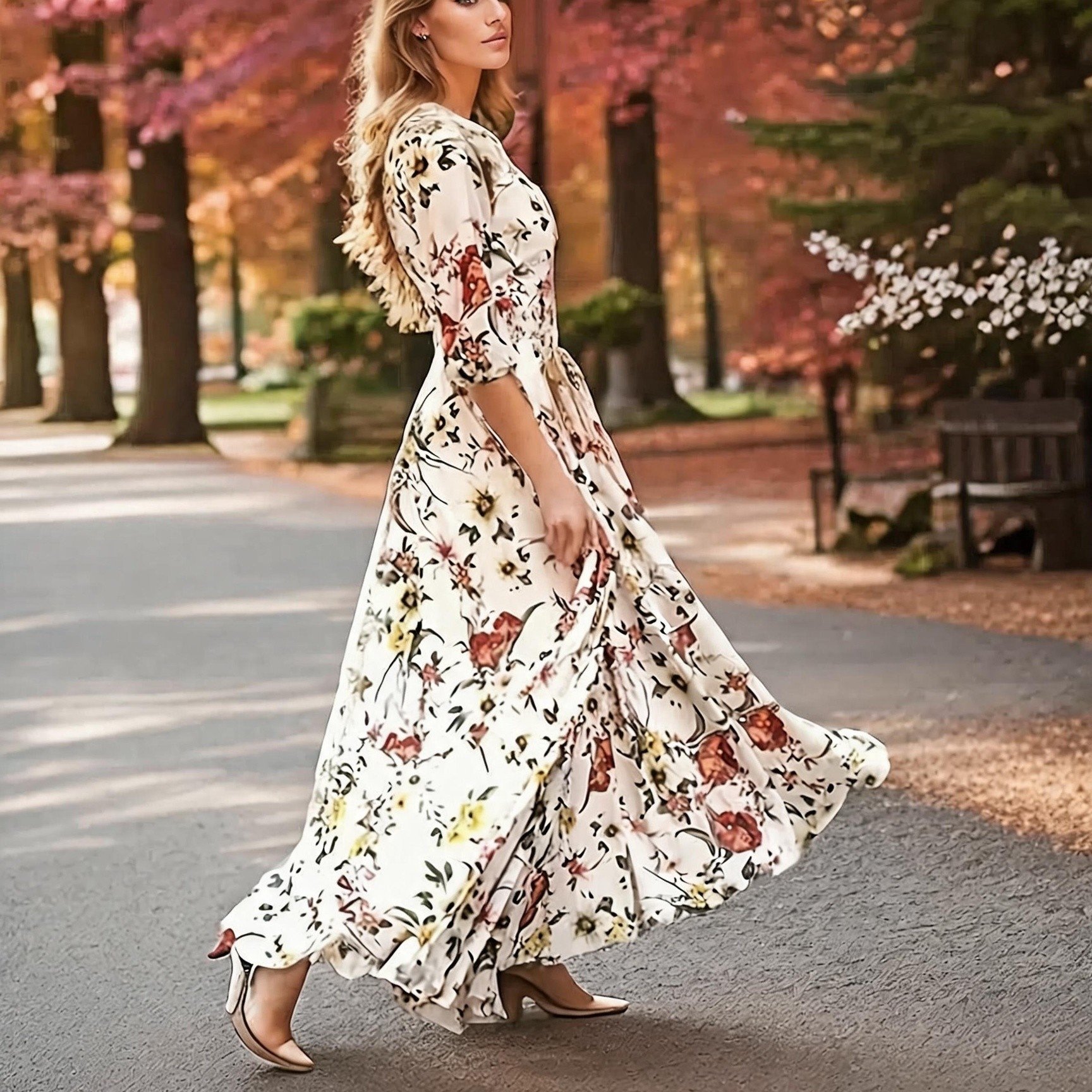 TEMU Women' Dress Maxi Long Dress - 3/4 Length Sleeve Floral Flower Print Spring Summer Casual Hot Holiday Vacation Dresses Lantern Sleeve Ruffle