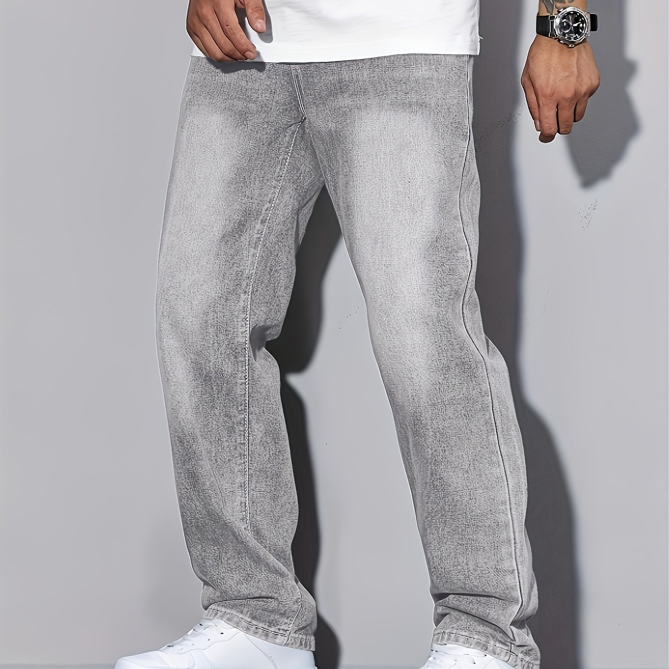 Image of Men' Gray Denim Jeans, Vintage Wash Texture, Classic Regular Fit, Suitable For Daily Commuting And Simple And Fashionable Street Wear