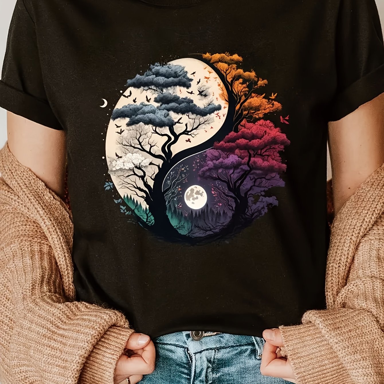 TEMU Women's Casual Short Sleeve T-shirt - Yin-yang Tree Geometric Print Breathable Round Neck Top, Semi-sheer H-line Silhouette For Wear, Machine