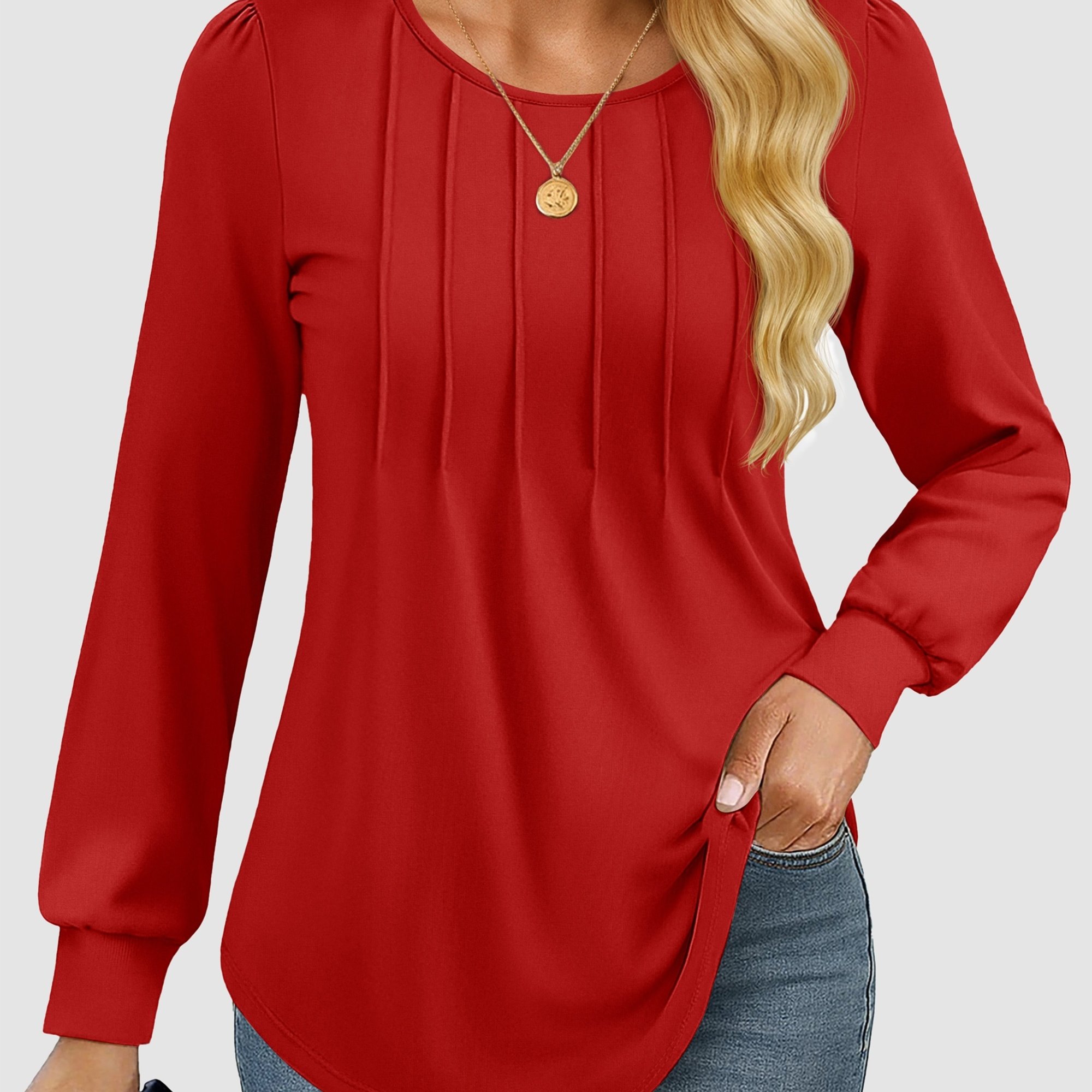 Image of Women's Crew Neck Long Sleeve Shirt Pleated Dressy Blouse Casual Tunic Top Soft Stretchy Office Clothes Fall Spring Elegant Blouse