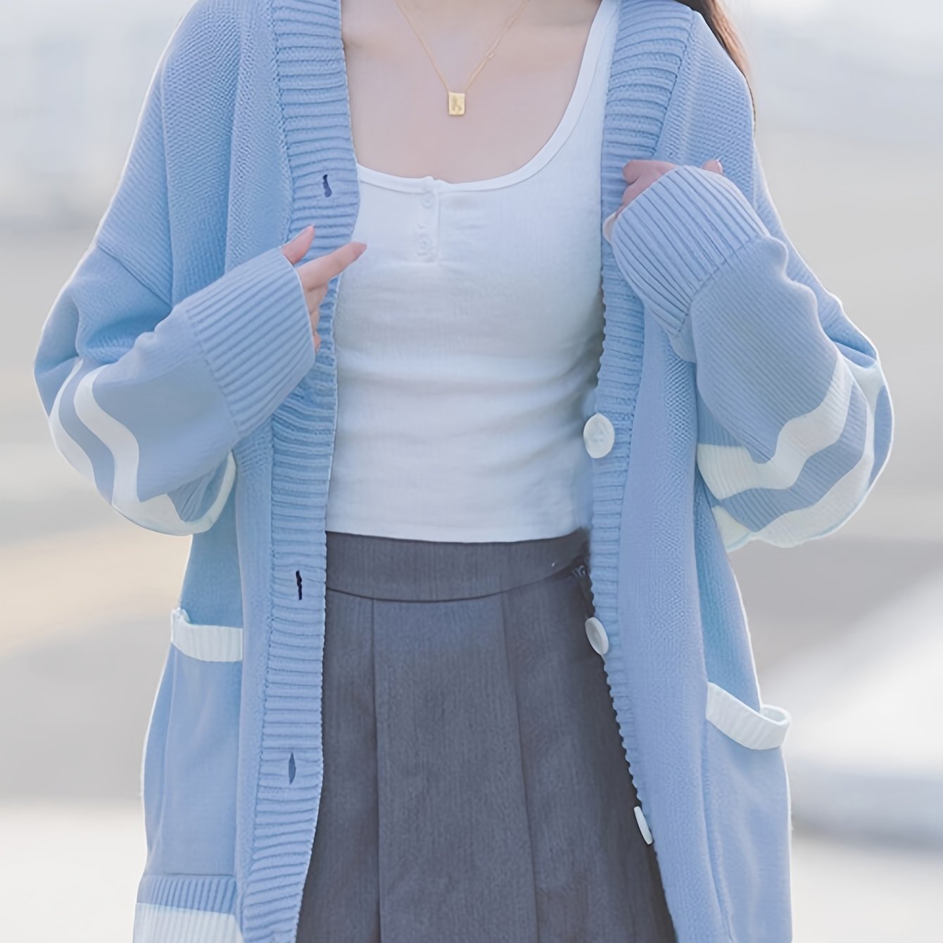 Image of Women's Elegant V-neck Knit Cardigan, Polyester 60% Acrylic 40% Blend, Color Block Pattern, Fall/, Loose-fit French Style Soft Sweater With Pockets