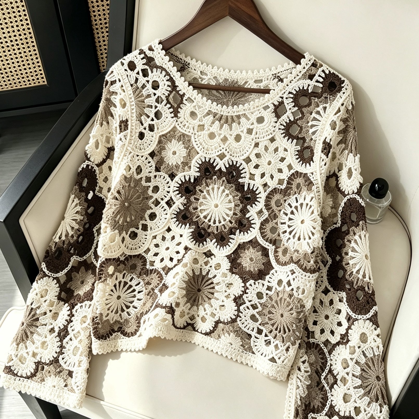 TEMU Cardigan bohème rétro français à fleurs ajourées, veste courte crochet à manches longues et col rond pour femmes, vêtement d'extérieur fin et