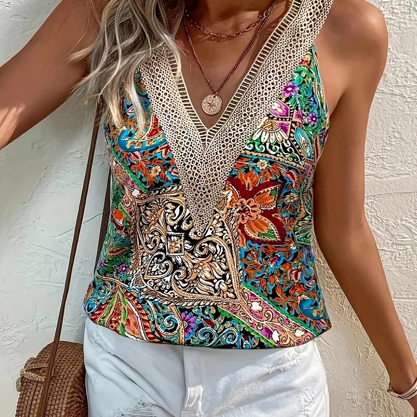 Polyester V-Neck Sleeveless Pullover Shirt, Vintage Floral Motif Cachemire Lace Trim, Elegant Retro Beach Party Vacation Style, for Women, Spring/Summer