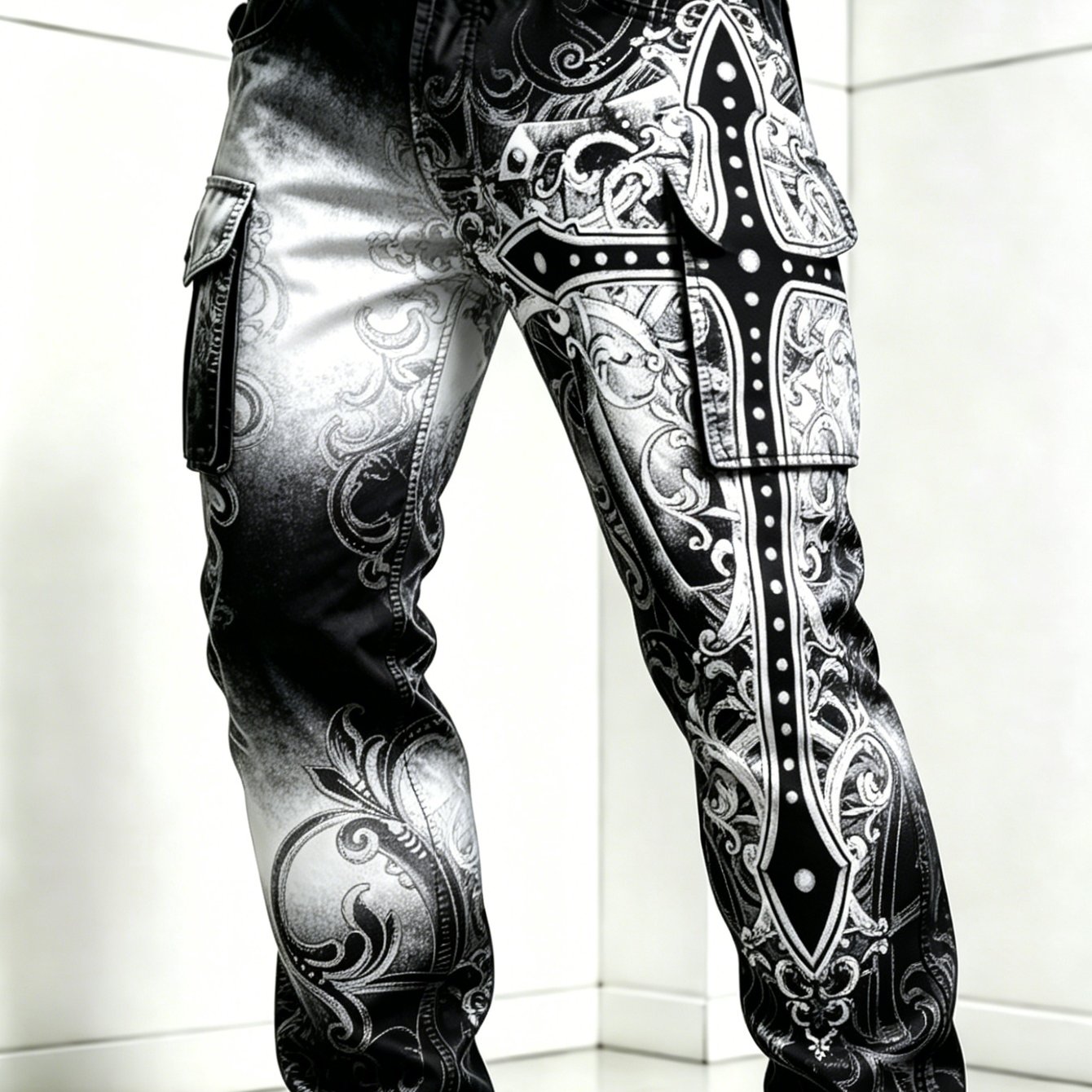 Image of Men's Vintage Gothic Black White Gradient Cargo Pants - Casual Streetwear Trousers, Loose Straight For Daily And Party