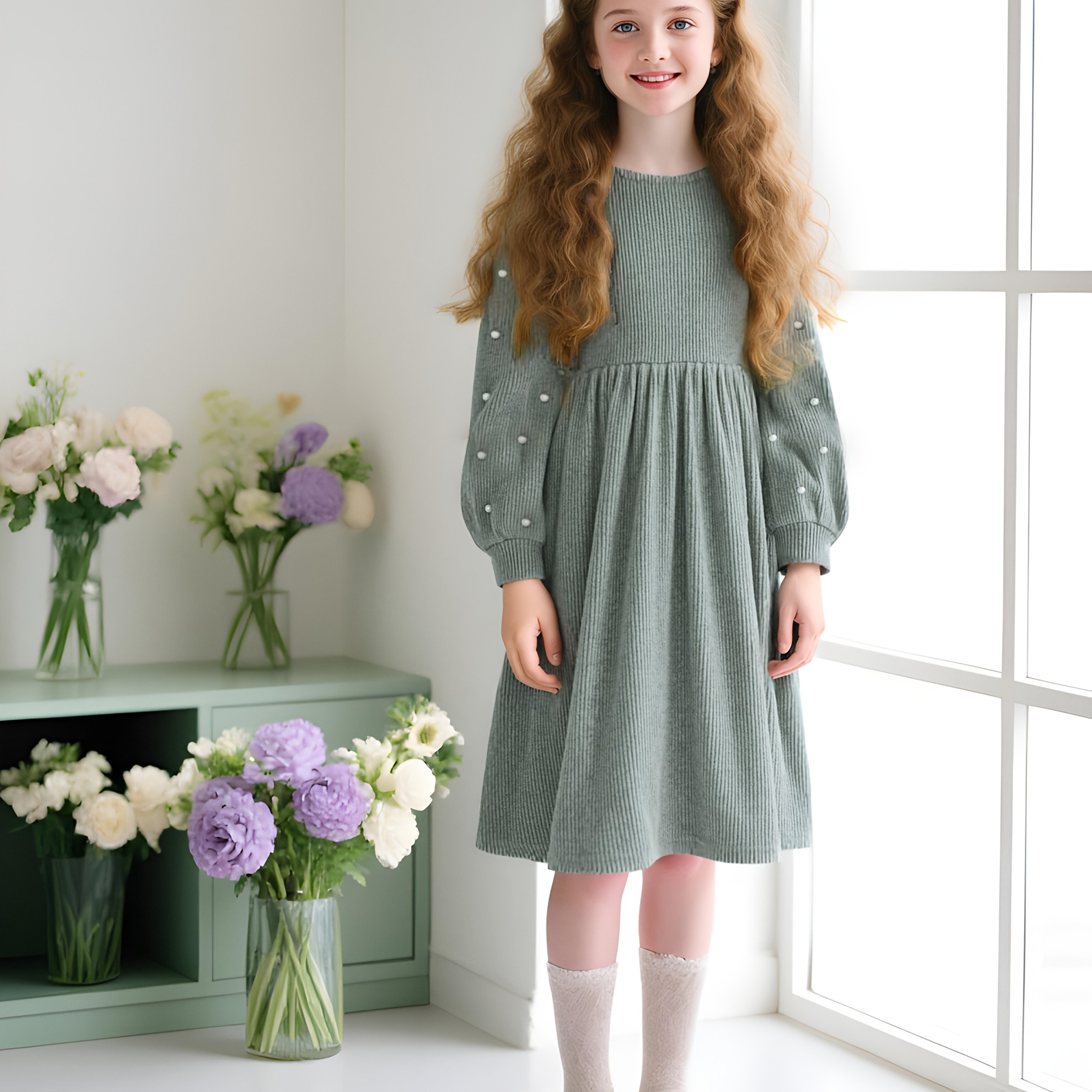 Image of Girl's Sweet And Style Dress With Three-dimensional Beaded Bubble Long Sleeves, Suitable For Daily Parties And As A Gift