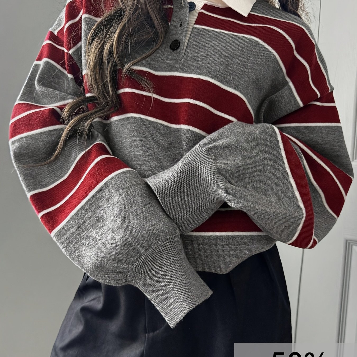 TEMU Pull à manches longues pour femme, col polo rayé à blocs de couleurs, épaules tombantes, haut décontracté pour et