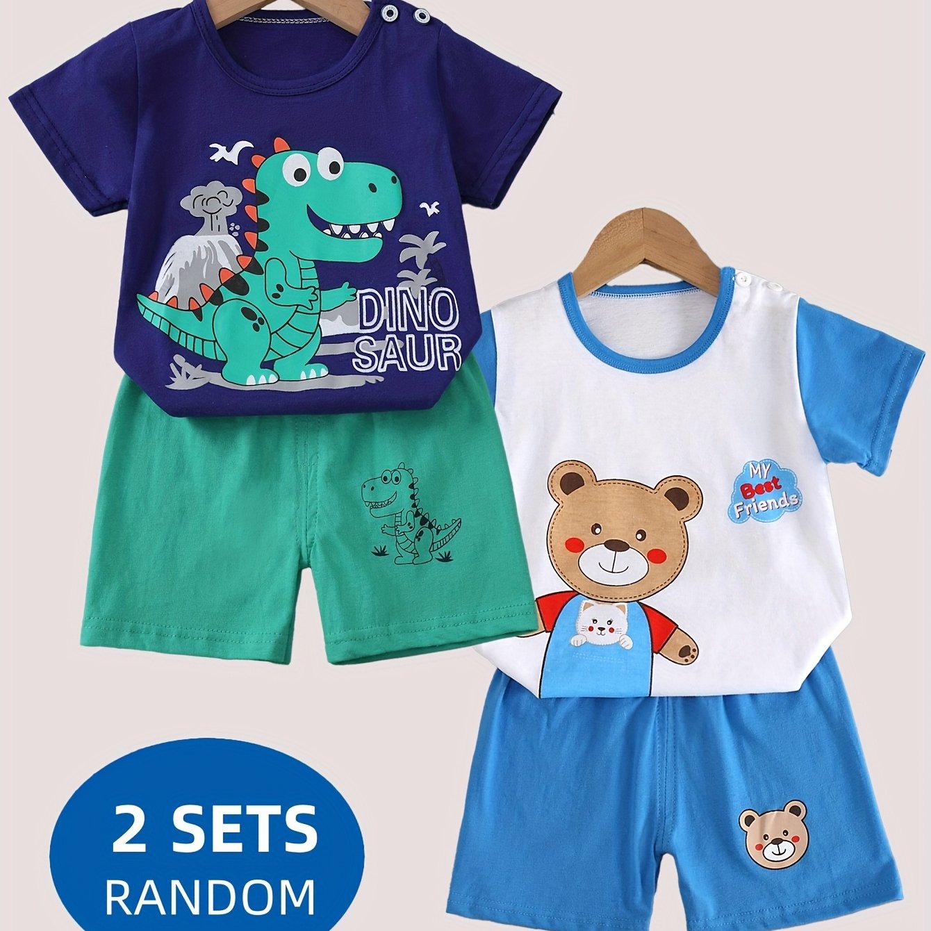 Image of Random 1 Set, Total 2pcs (1pc Short Sleeve And 1pc Shorts), Cute Animal Print, Comfortable Short Sleeve And Shorts Set, Indoor And Outdoor Casual Set, For Outdoor