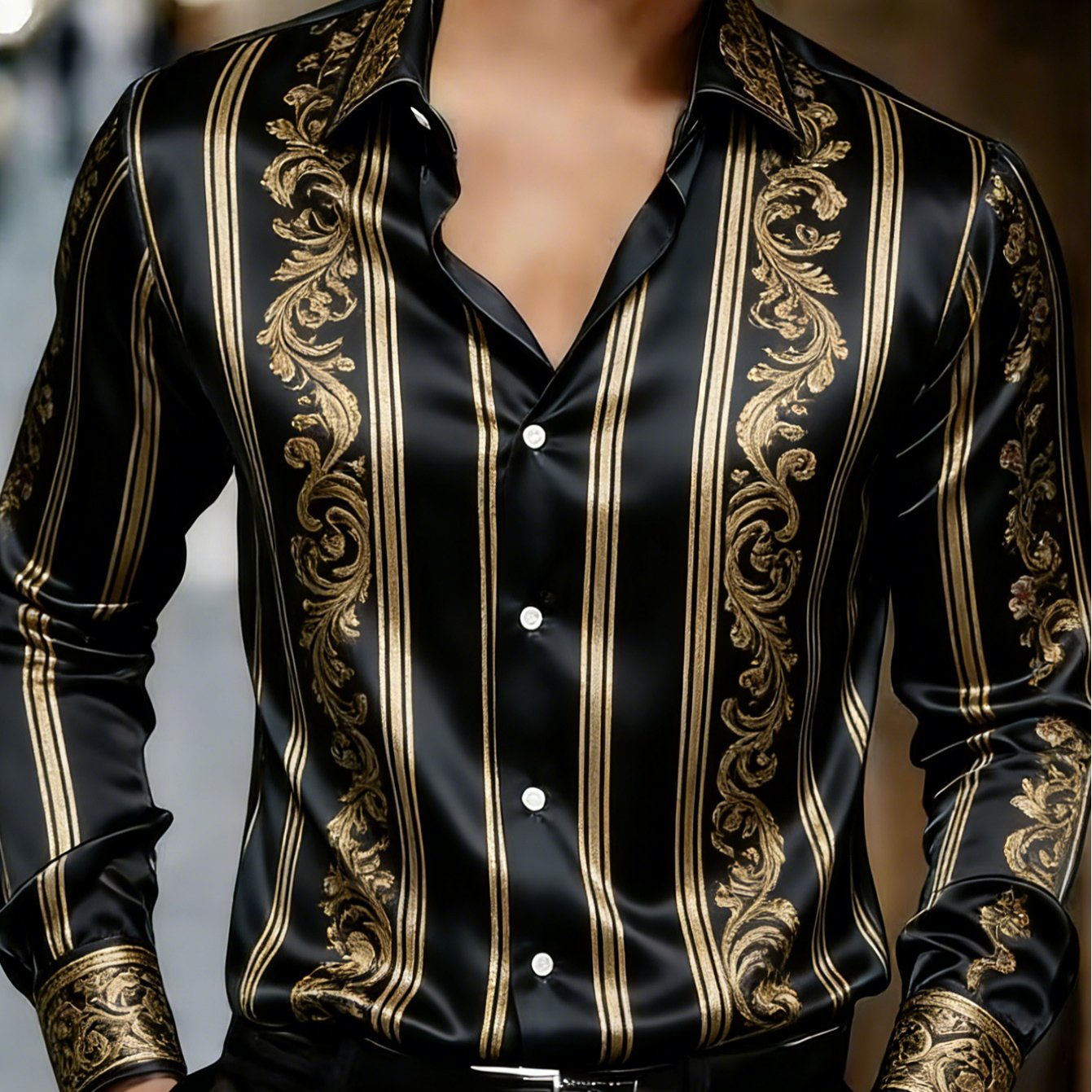 Image of Men's Trendy Button-up Shirt - Long Sleeves, Striped Floral Pattern, A Sophisticated Masculine Vibe, Suitable For Adults, Made Of High-quality Polyester Fabric, A For Holidays