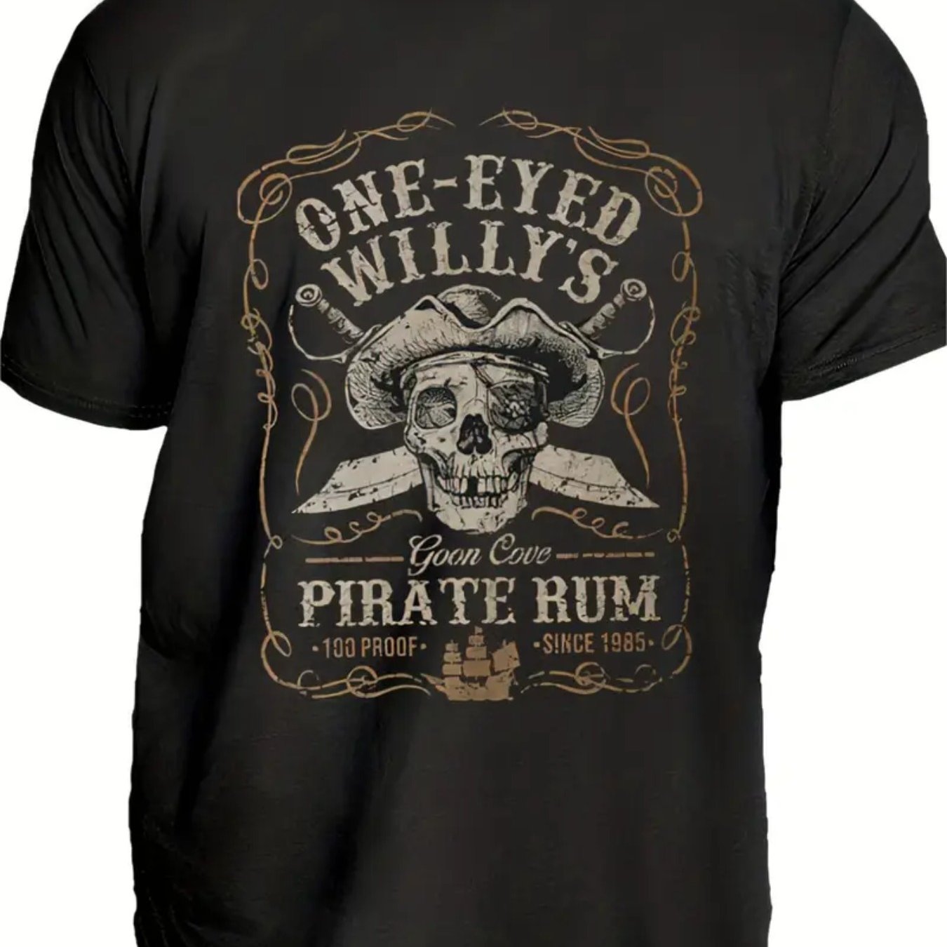 TEMU Men's Vintage Pirate T-shirt - Short Sleeve Round Neck Shirt With And Sword Design, Lightweight And Comfortable For Rum Lovers, Casual Daily