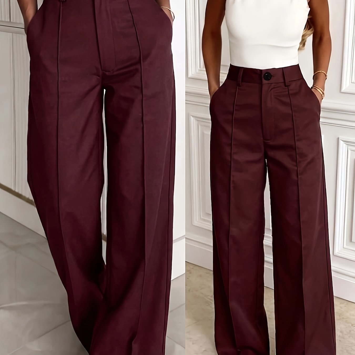 TEMU Women's High-waist Suit Pants - Solid Color Button & Zipper Trousers With Pocket Detail, Loose-fit Straight-leg Wide Pants Suitable For Business