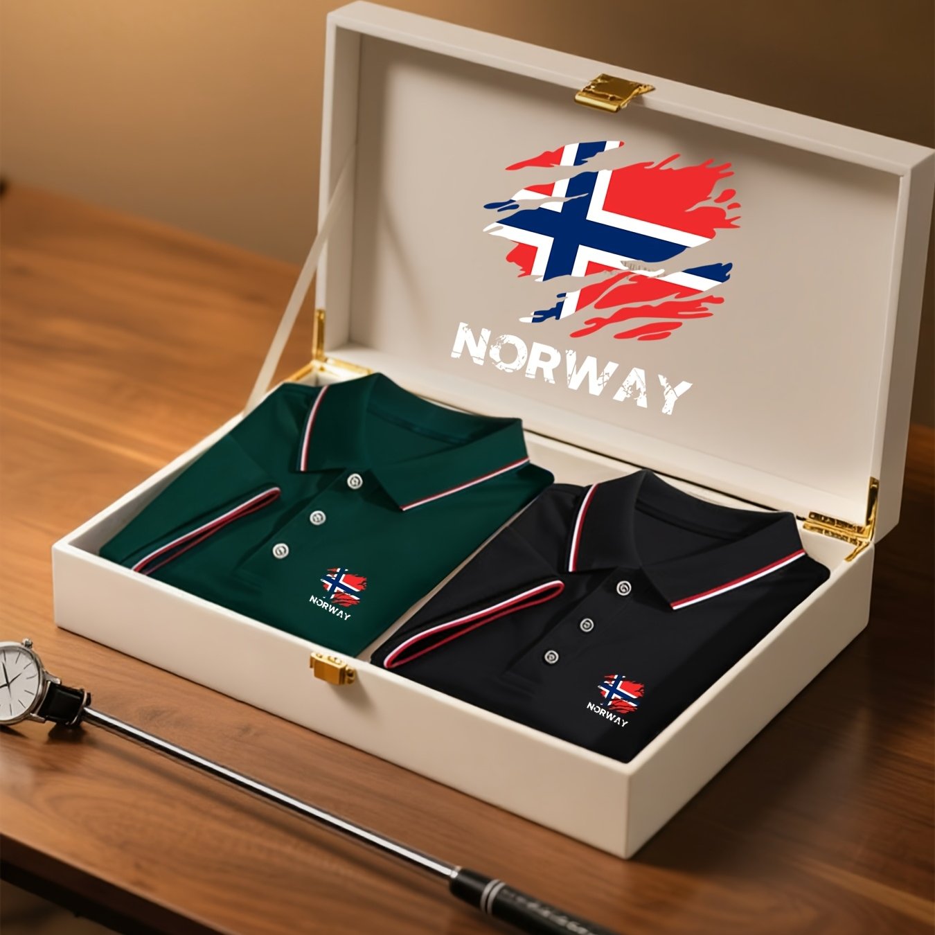 TEMU 2pcs Norway Pattern Plus Size Men's Outdoor Golf & Equestrian Casual Shirt With Short Sleeves, Mature Men's Business Casual, Breathable And