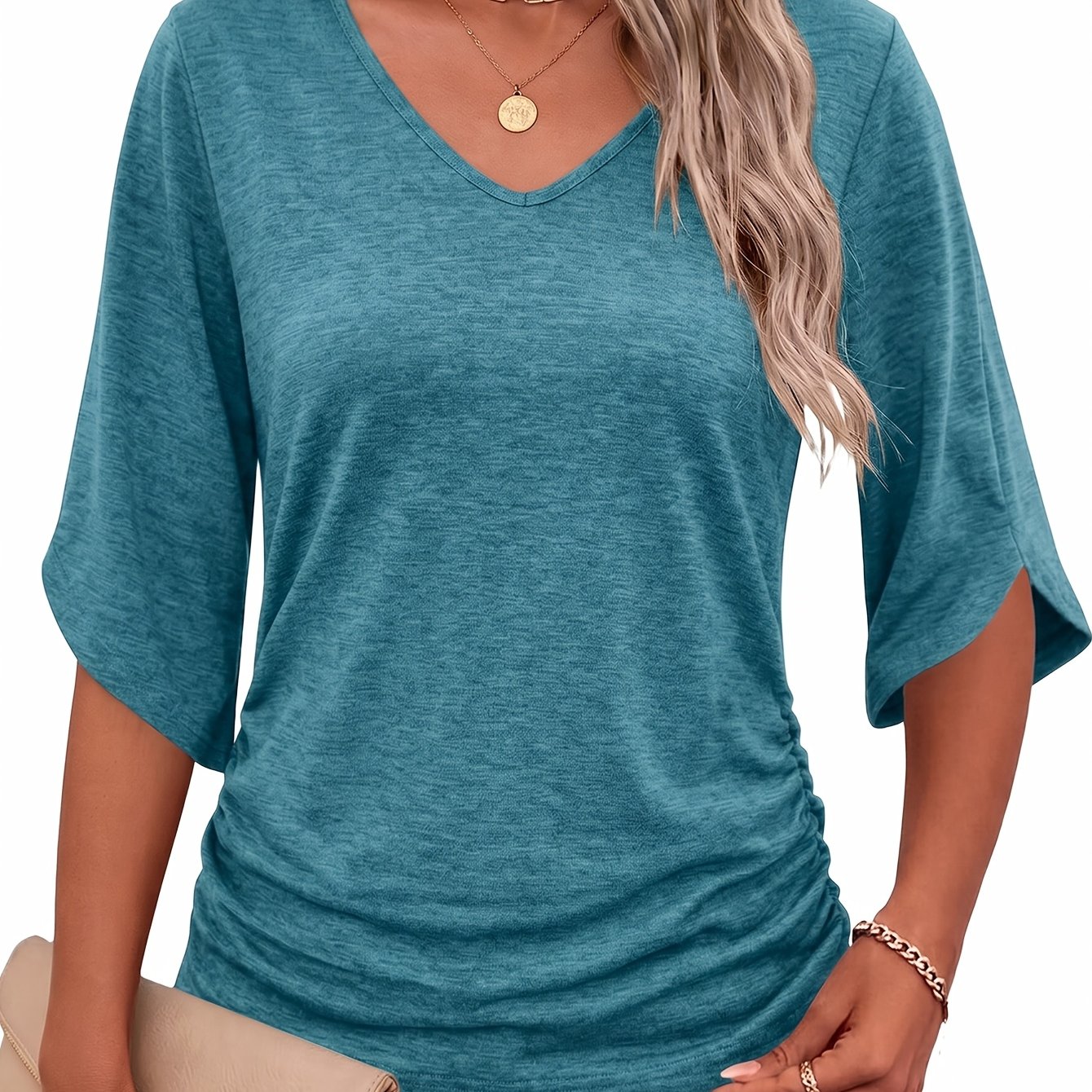 TEMU Haut à manches 3/4 pour femme, T-shirt décontracté à coupe ample et à smocks latéraux à la taille, T-shirt élégant et confortable à col en V et
