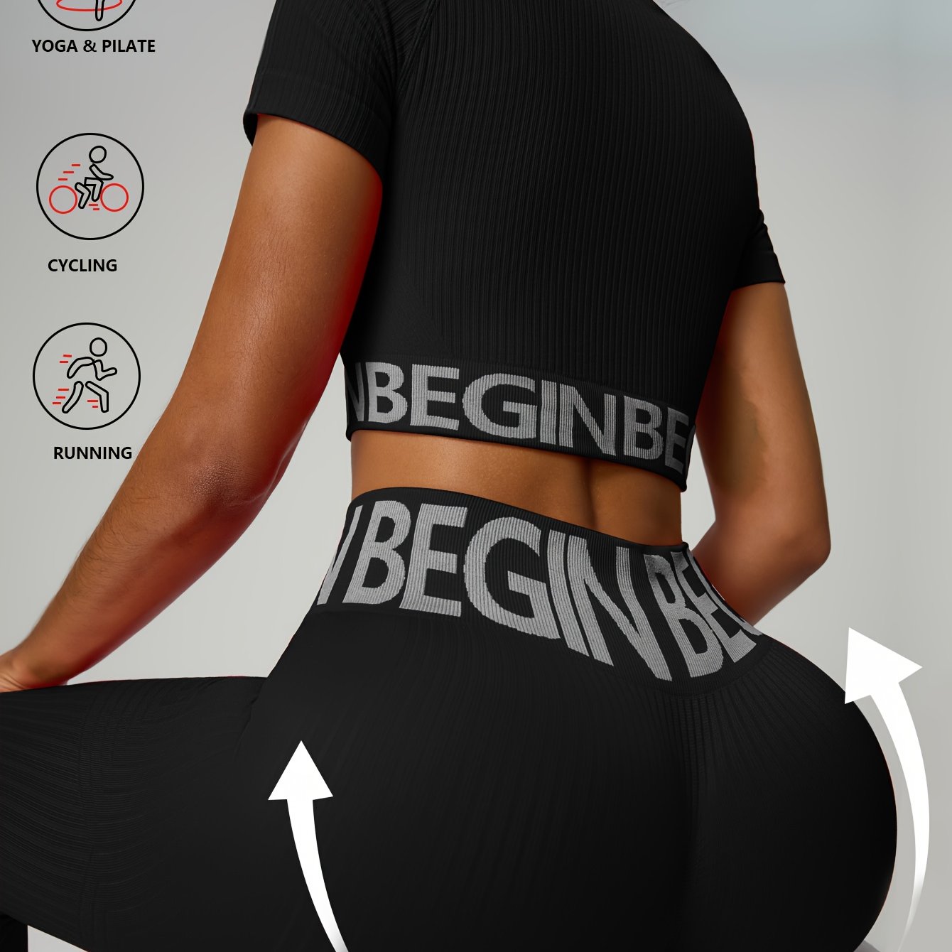 E-shop [Bauchkontrolle] Nahtlose Workout-Outfits für Damen | 2-teiliges Set | Gerippte Kurzarm Crop Top Bauchkontroll-Leggings