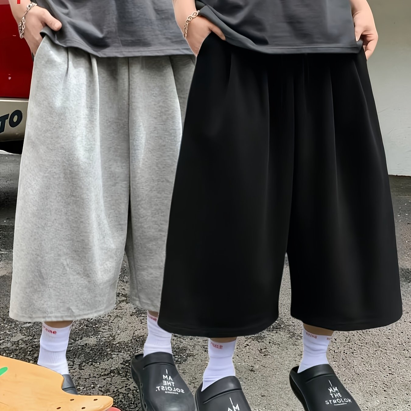 TEMU Men's Unisex Loose-fit Street Style Capri Pants, Mid-calf Length, Suitable For Skateboarding, Fitness, And Sports, American Hip-hop Style Loose