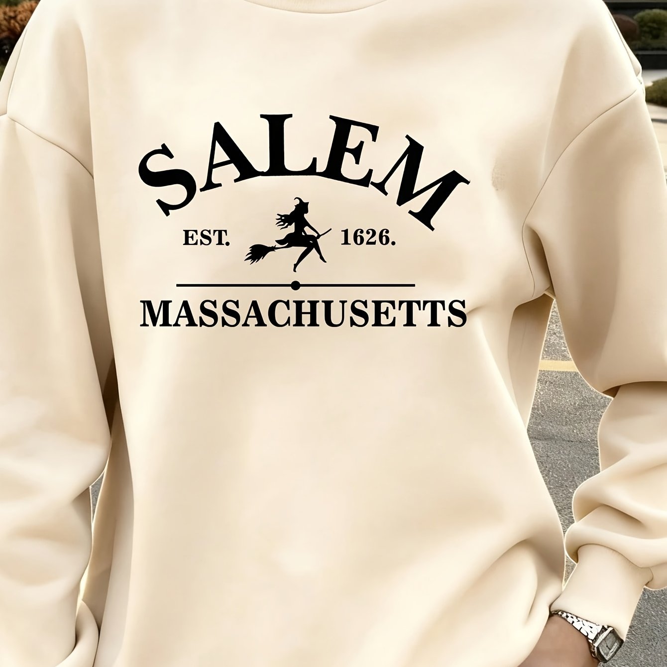 TEMU Sweat-shirt d'Halloween pour femme, nouvelle mode d'automne et d'hiver, sweat-shirt pull à imprimé balai de sorcière d'Halloween et Salem, 1626,