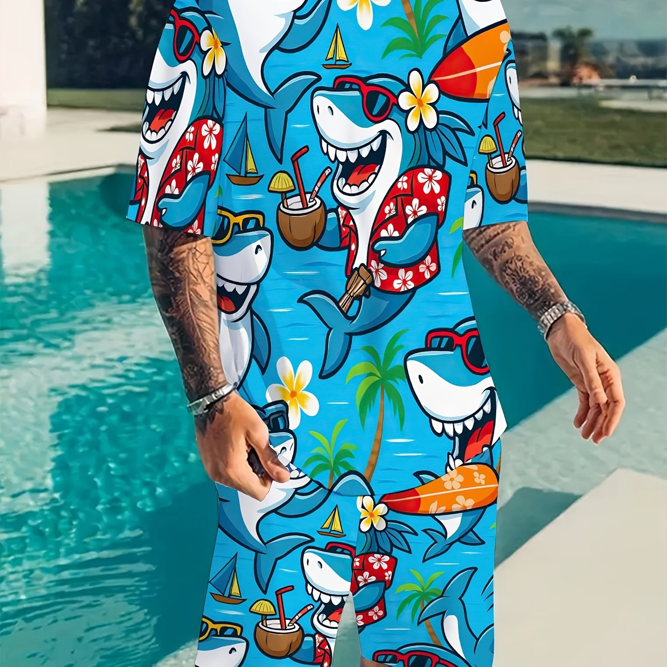 TEMU Men's 2pcs Set - Shark Cartoon Print Design, Includes A Short-sleeve T-shirt And Shorts, Comfortable Casual Wear