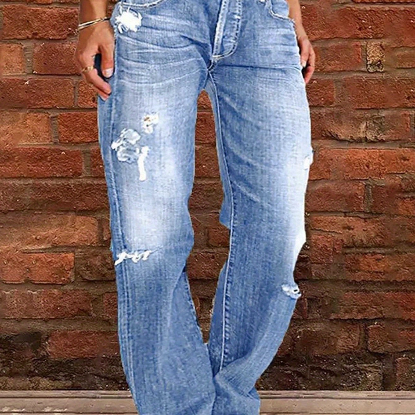 TEMU 1 Women's Ripped Flare Wide Leg Slightly Stretchy Jeans - Fashion Distressed Casual Streetwear - Us Size Xs-xxl