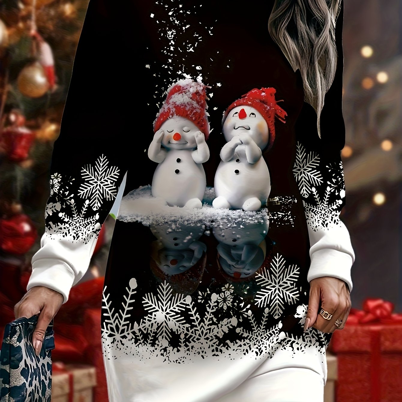 Plus Size - Plus Size - Elegant Plus-size Christmas Snowman Print Long-sleeve Sweatshirt Dress For Women