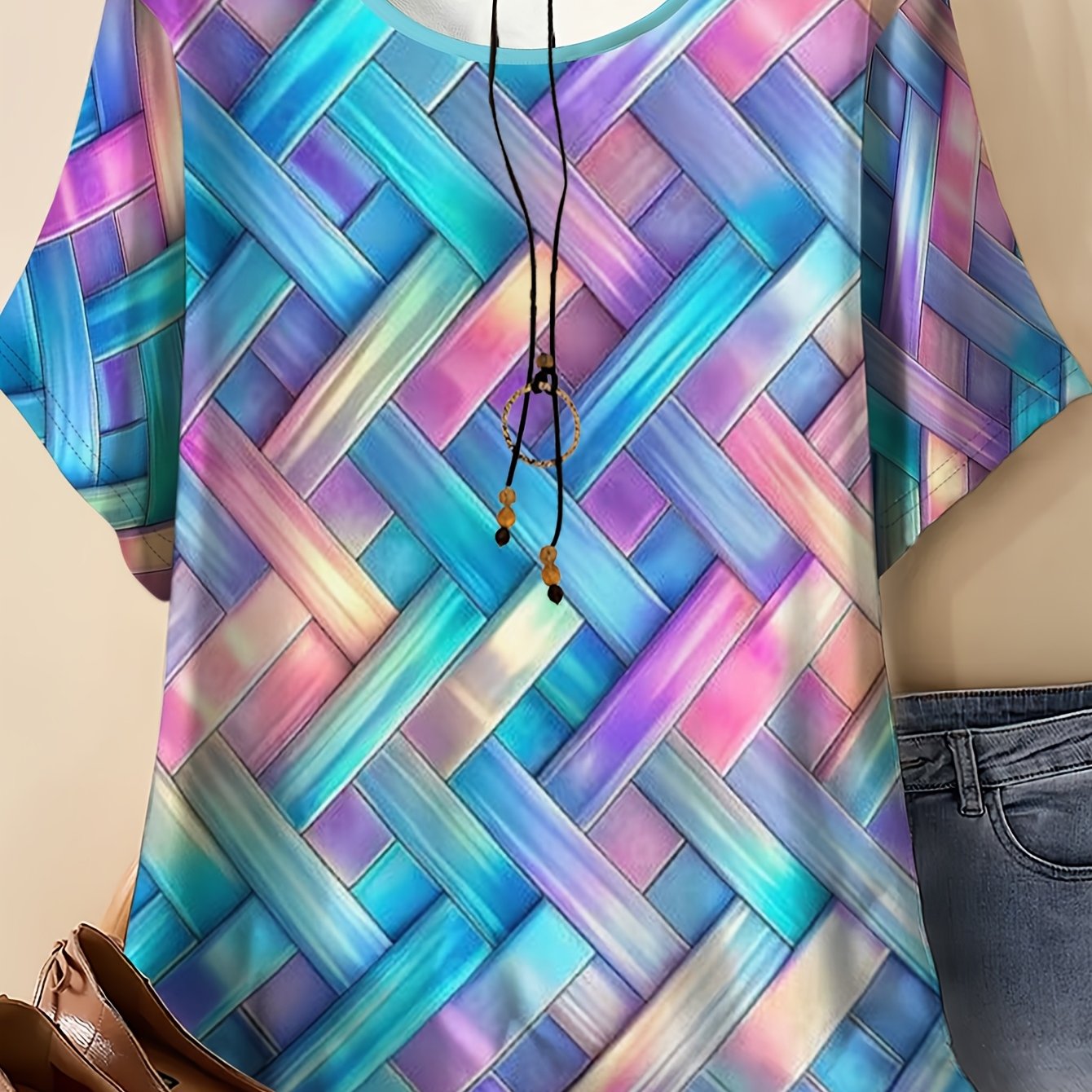 TEMU Plus Size Gradient Print Short Sleeve, Laser Texture Effect, Fresh And Gentle Style 's Top