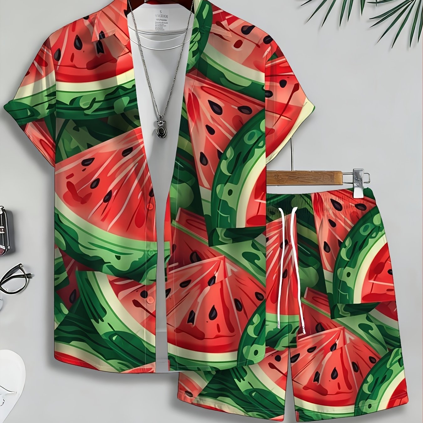 TEMU Men's Short Sleeve Shirt And Shorts Set, Watermelon Print, Digital Printing, Suitable For Daily And Casual Wear