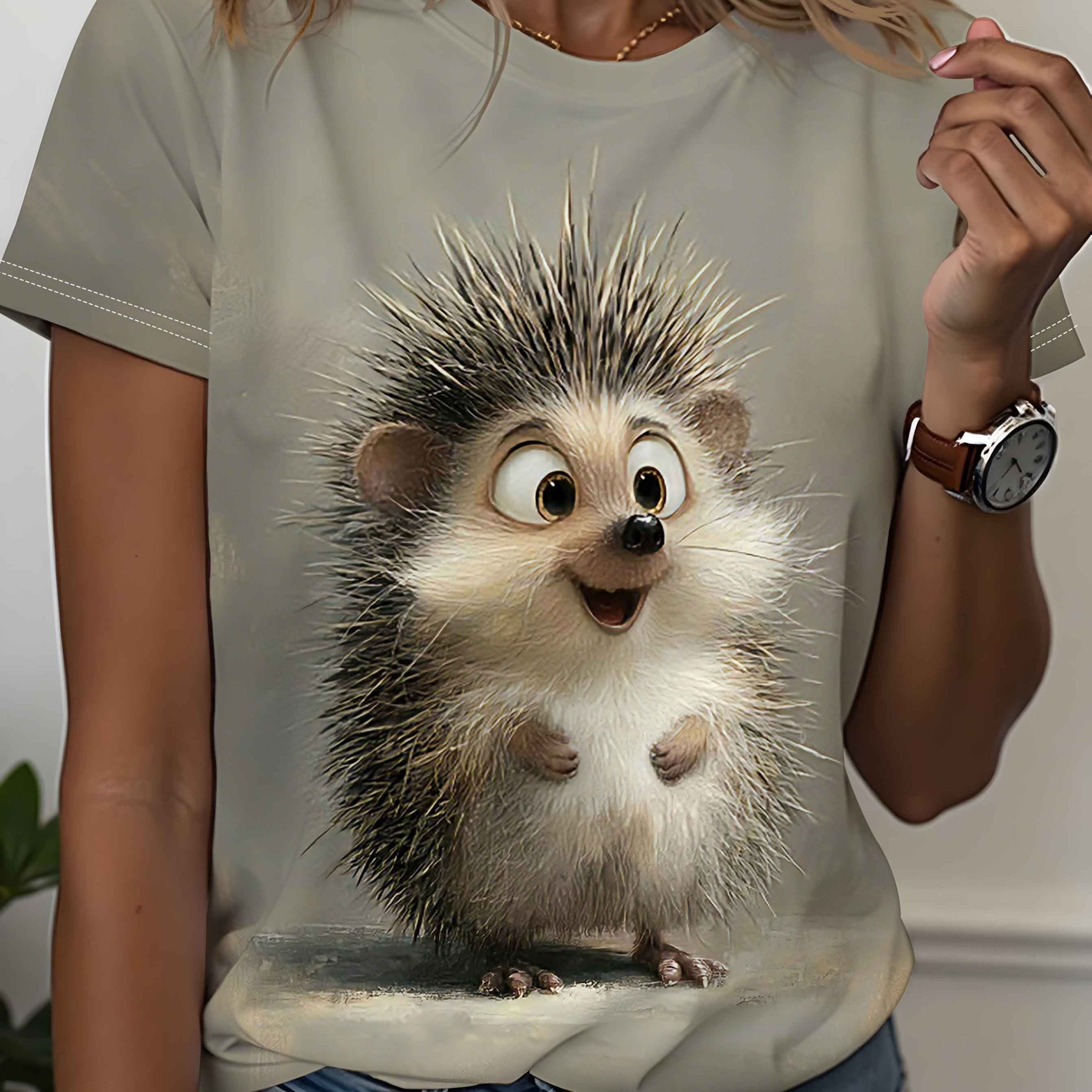 TEMU Women's T-shirt One-piece Round Neck Short Sleeve Printed T-shirt, Cute Happy Little Hedgehog Pattern, Design, , , Soft Fabric, Women's New