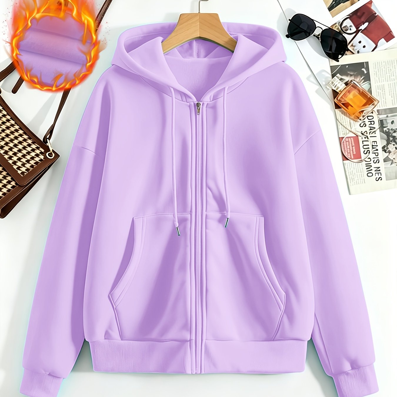 TEMU Fashion Solid Color Drawstring Zipper Hooded Kangaroo Pocket Long Sleeve Autumn Winter Sweatshirt Western Women's Casual Athletic Sweatshirt