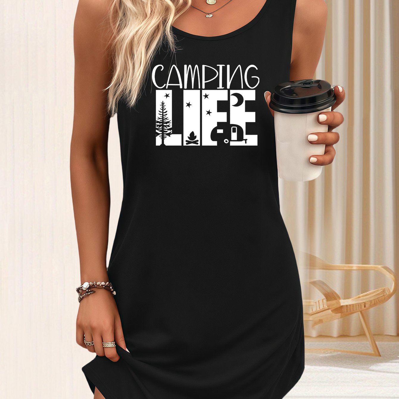 Image of Women's Lightweight Sleeveless Camping Graphic Print Tank Dress - Soft Machine-washable Fabric, Round Neck Summer Dress For Home, Outdoor & Casual Wear, Travel Attire, Design