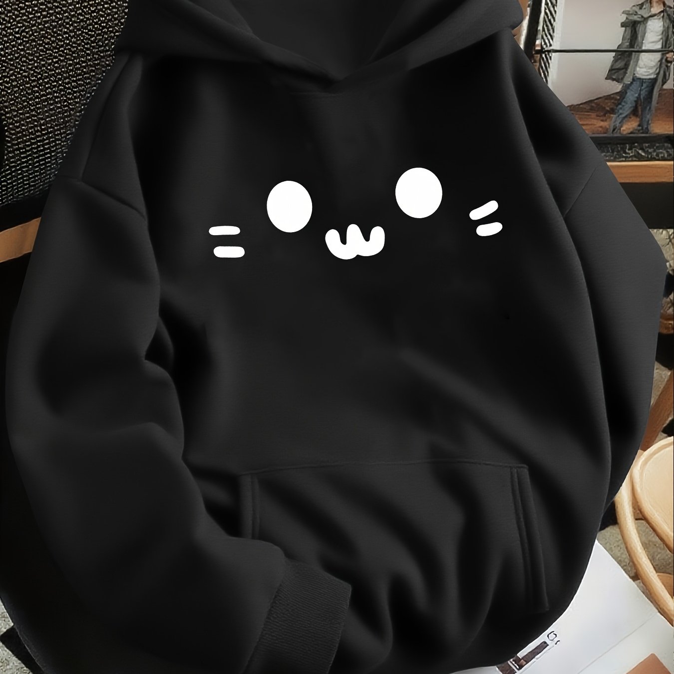 Image of Men's Oversized Hooded Sweatshirt With Ear & Paw Print Pocket - Cozy Winter Pullover Sweater, Large Size, Machine Washable, Cute Anime-, Warm Casual Fall & Winter Hoodie For Men, Durable Fleece Fabric