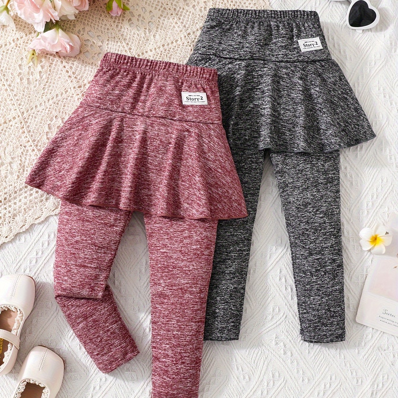 Image of (set Of 2) Girls' Slim Fit Casual Skirt Pants With Letter Label For Summer, A Gift For Your Lovely Daughter