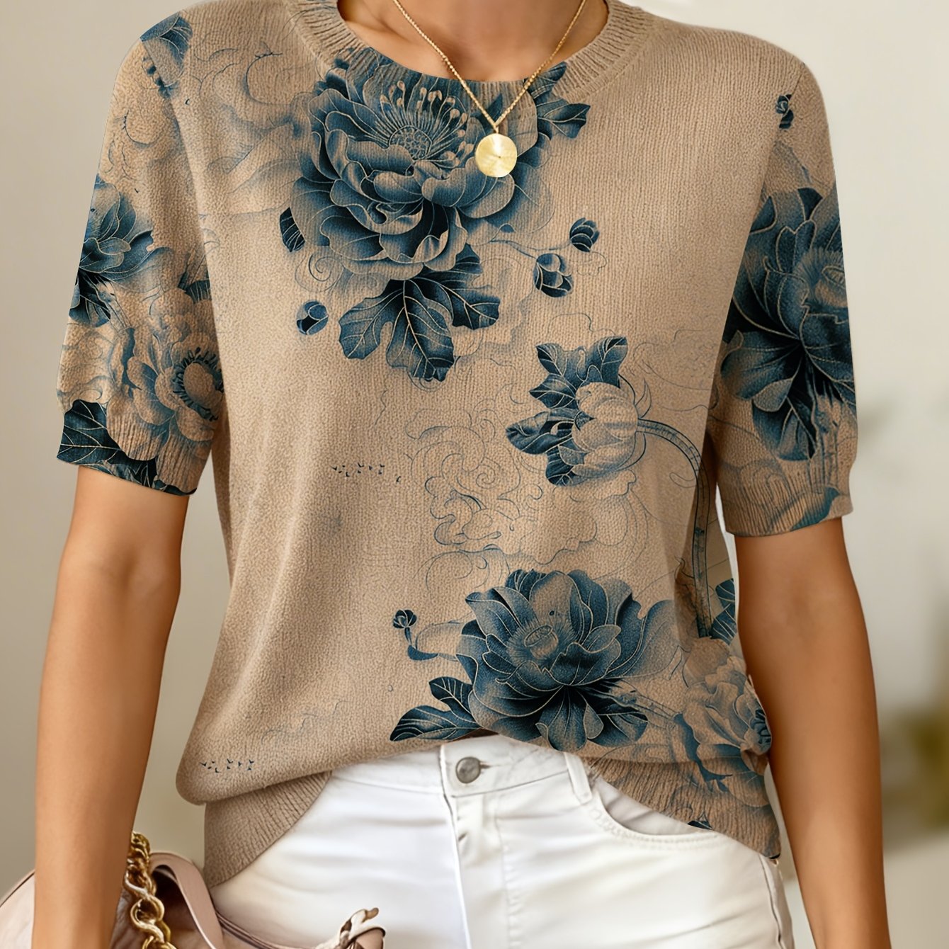 TEMU Summer Women's Elegant Short-sleeve Fabric Pullover, Round Neck, Loose Fit, Soft, , And Skin-friendly Material, Soft And Comfortable Printed