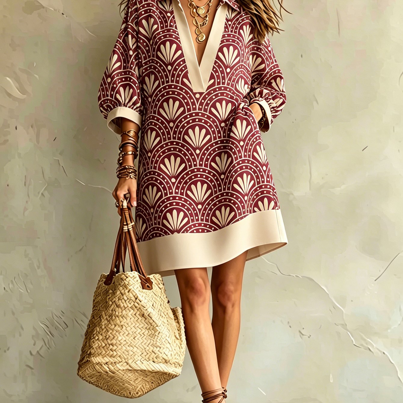 Image of Women's Summer Dress, Summer Wine Fan-shaped Print V-neck Contrast Color Loose Straight Dress, Vacation , Flattering & Breathable Comfortable, Perfect For Beach Vacation Daily Commuting Shopping