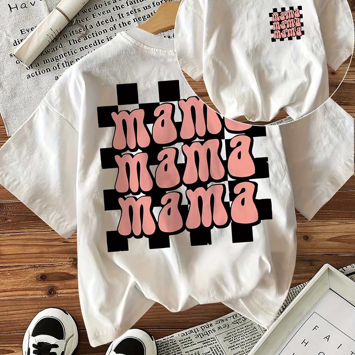 [double-sided Printing] Mama Letter Grid Print Short-sleeved Round Neck T-shirt
