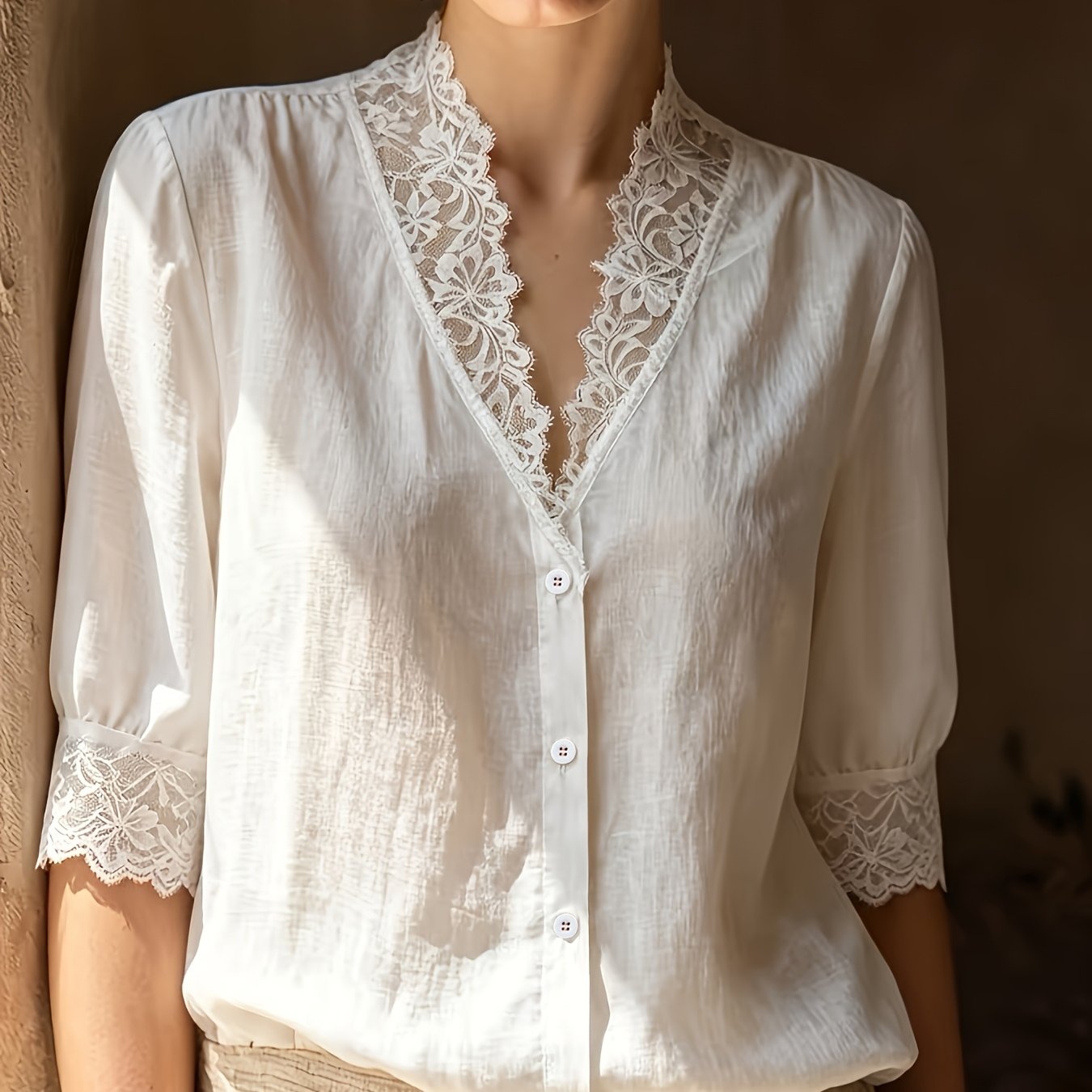 TEMU Women's French Blouse, V-neck Button-, Loose Fit, Lace Panel Casual Elegant Top