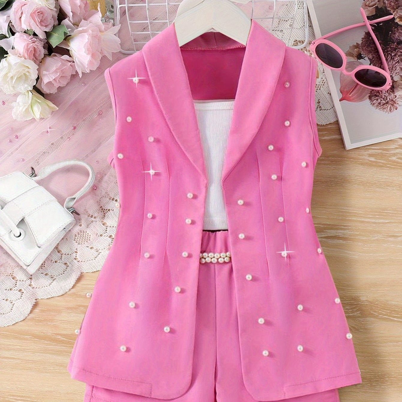 Image of Girls' Summer Casual 3-piece Set - Shorts, Top, And Sleeveless Suit, Perfect For Outdoor Activities, Outdoor Playwear | Summer Clothing | Polyester Fabric, Perfect For Outdoor,christmas,halloween
